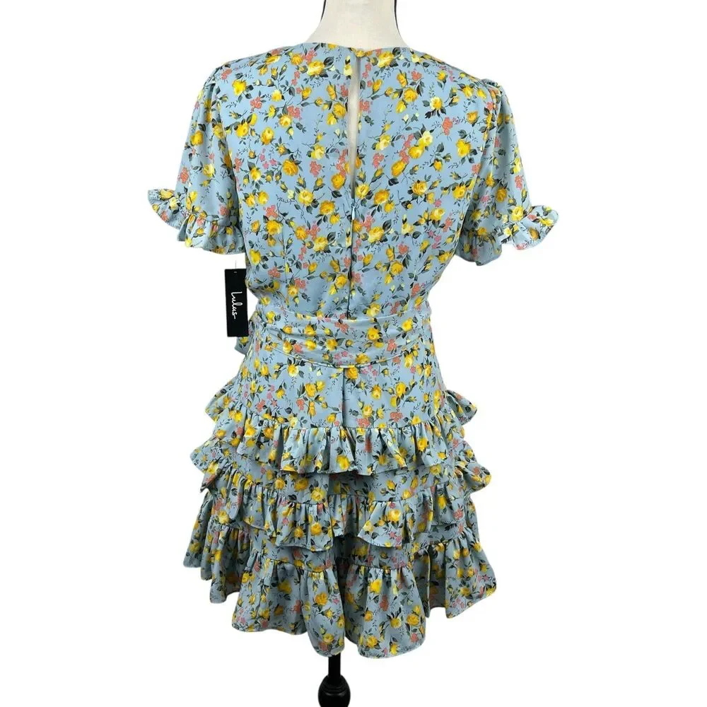 Lulus Feeling Butterflies Blue Floral Boho Tiered Ruffle Mini Dress Medium - Picture 7 of 12